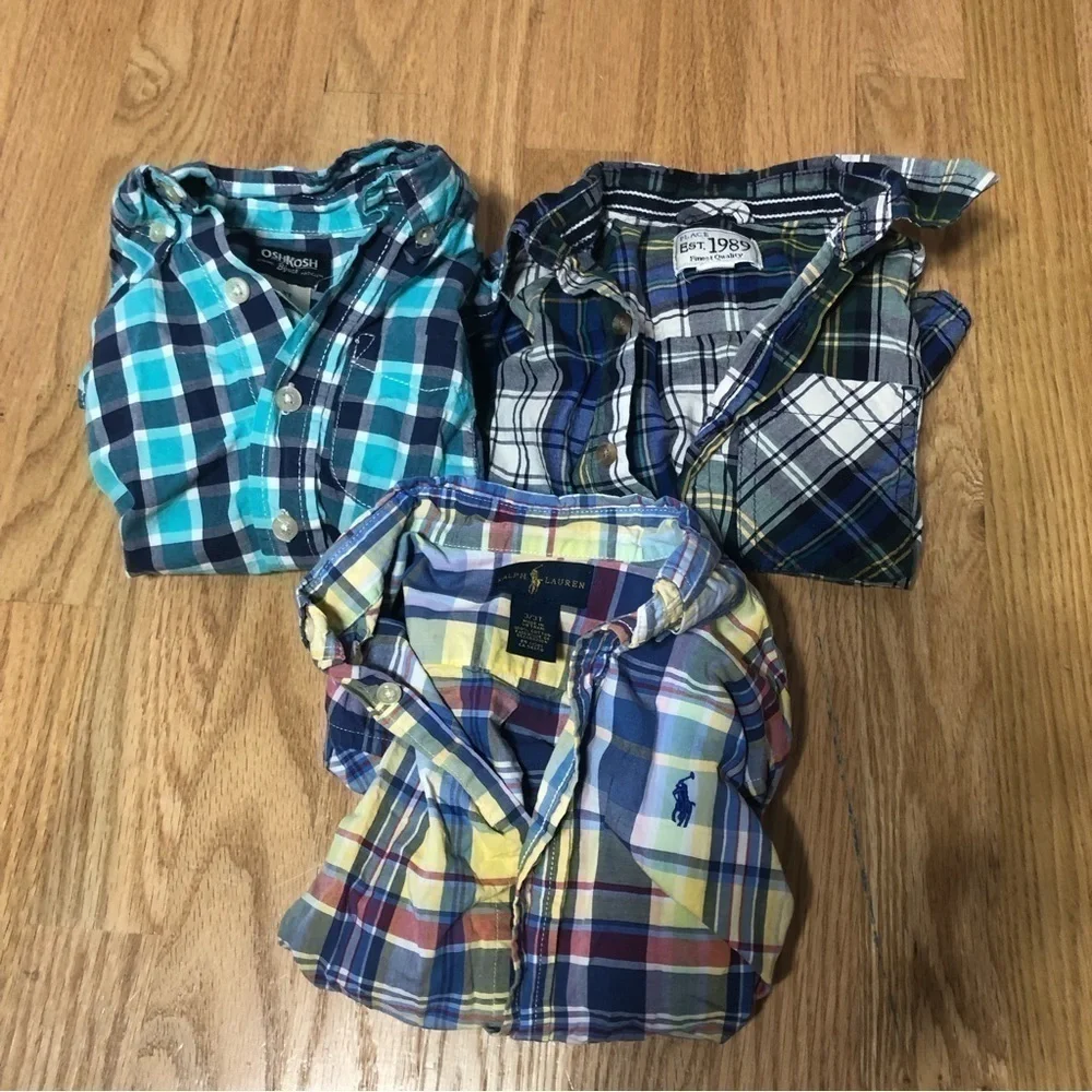3T Button Down Shirt Bundle Boys Plaid Blue Yellow Collared Ralph Lauren